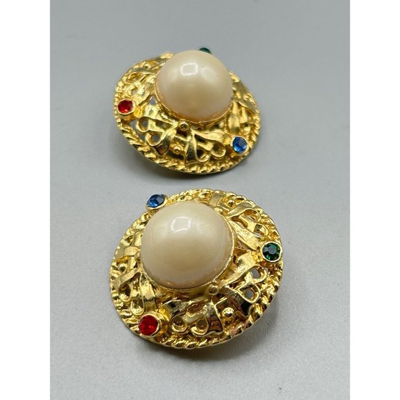 Pearls & Rhinestones Clip Earrings Gold Tone Round Domed Buttons Red Green Blue - Picture 3 of 5